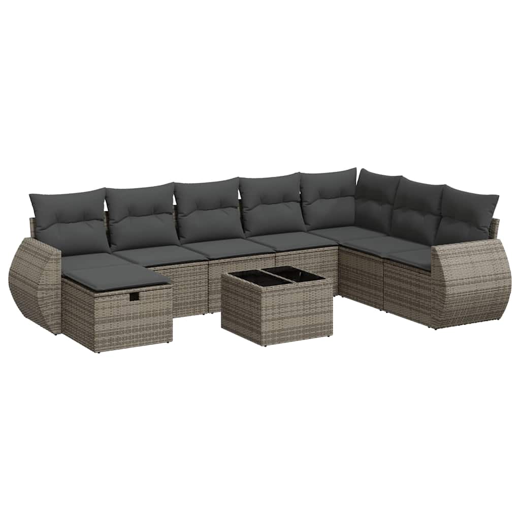 9-delige Loungeset met kussens poly rattan grijs