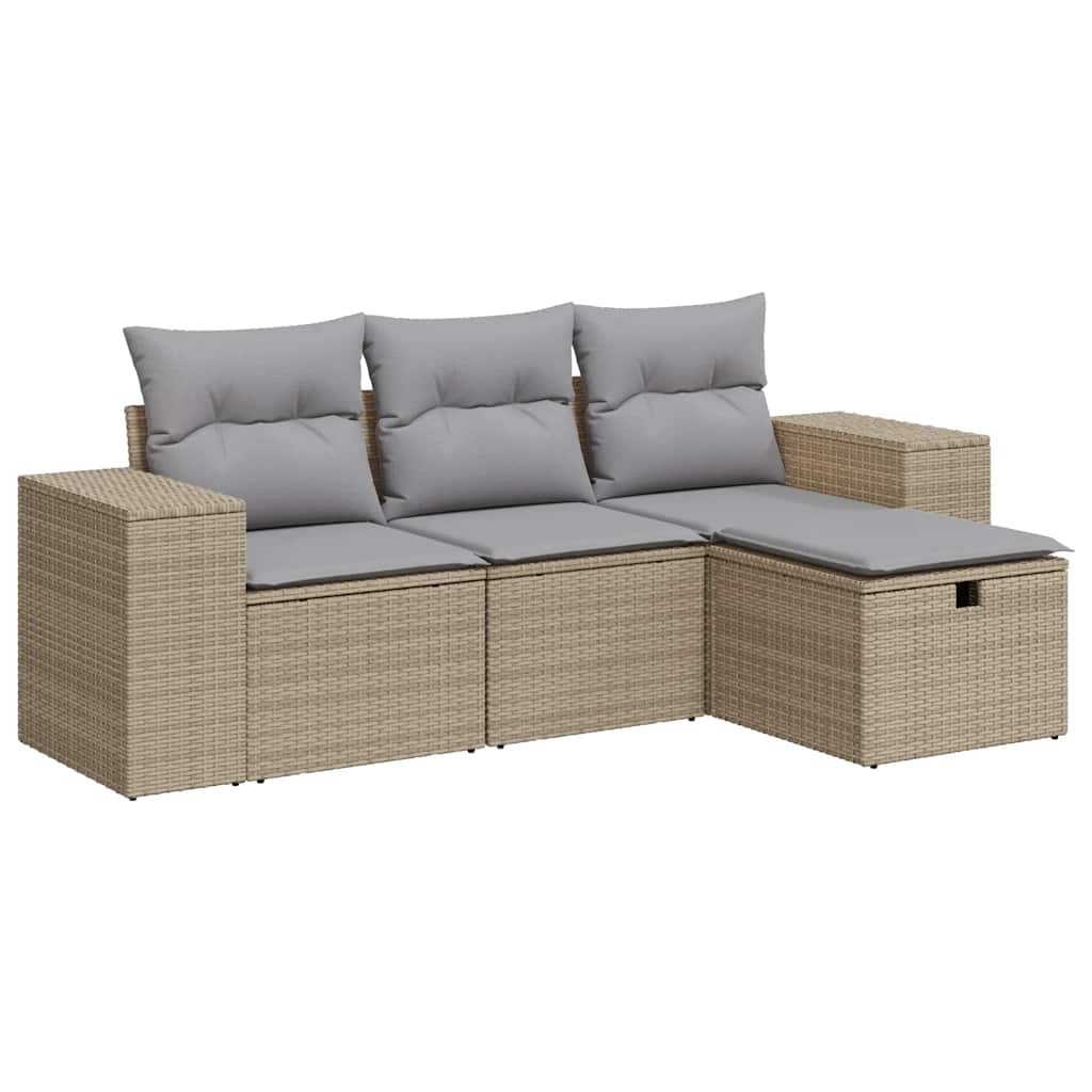 4-delige Loungeset met kussens poly rattan beige