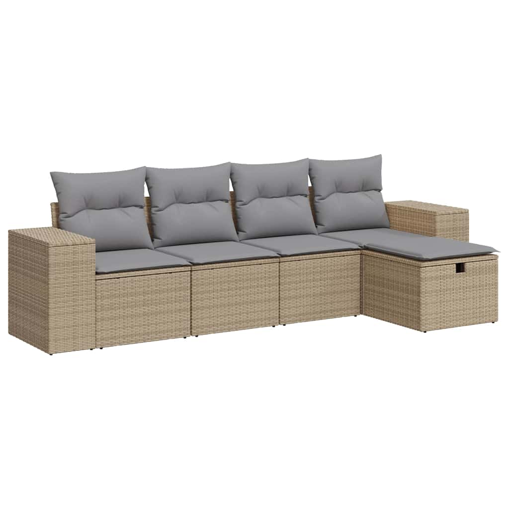 5-delige Loungeset met kussens poly rattan beige