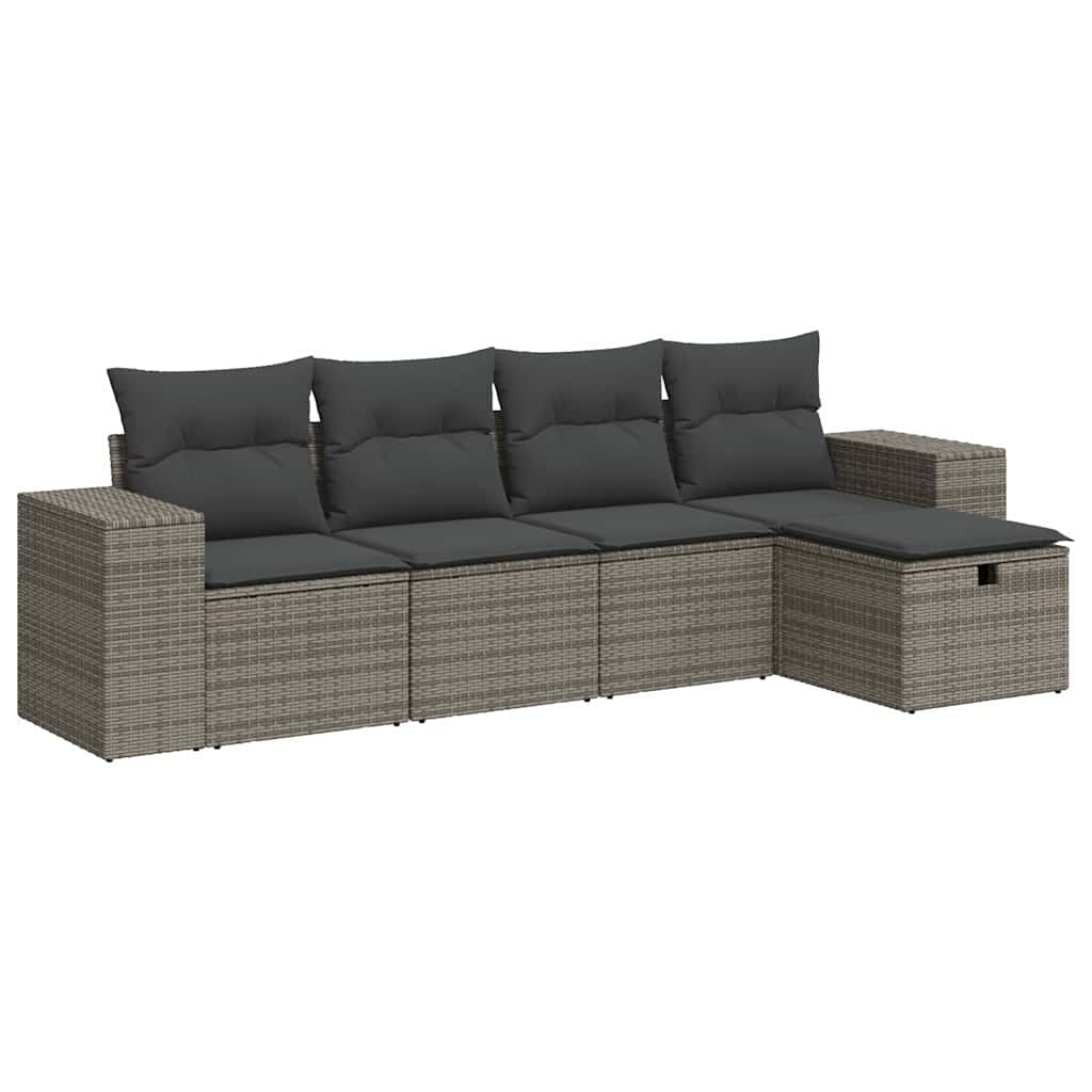 5-delige Loungeset met kussens poly rattan grijs