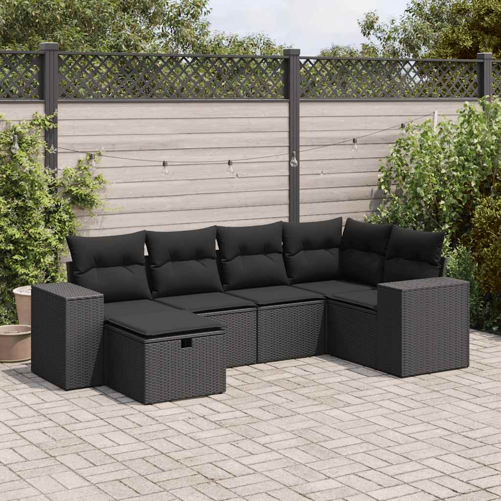 6-delige Loungeset met kussens poly rattan zwart