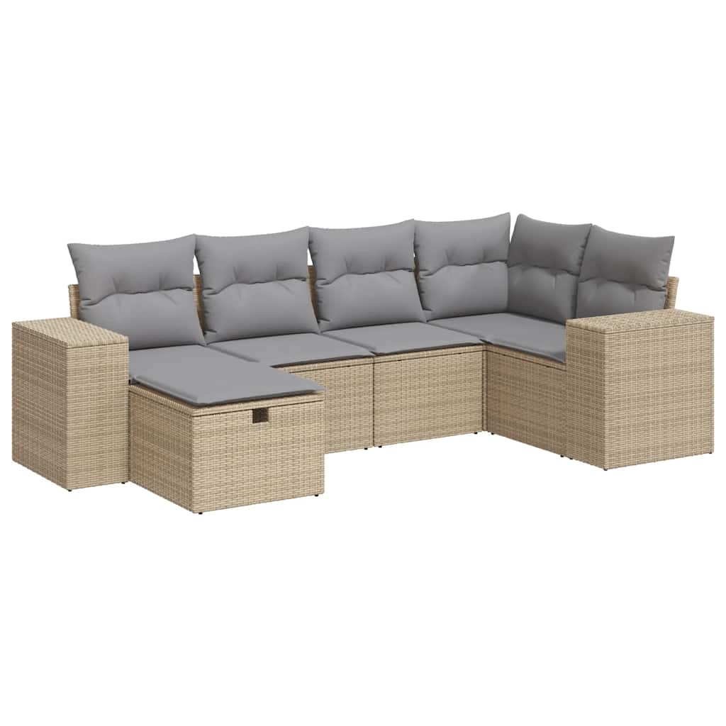 6-delige Loungeset met kussens poly rattan beige