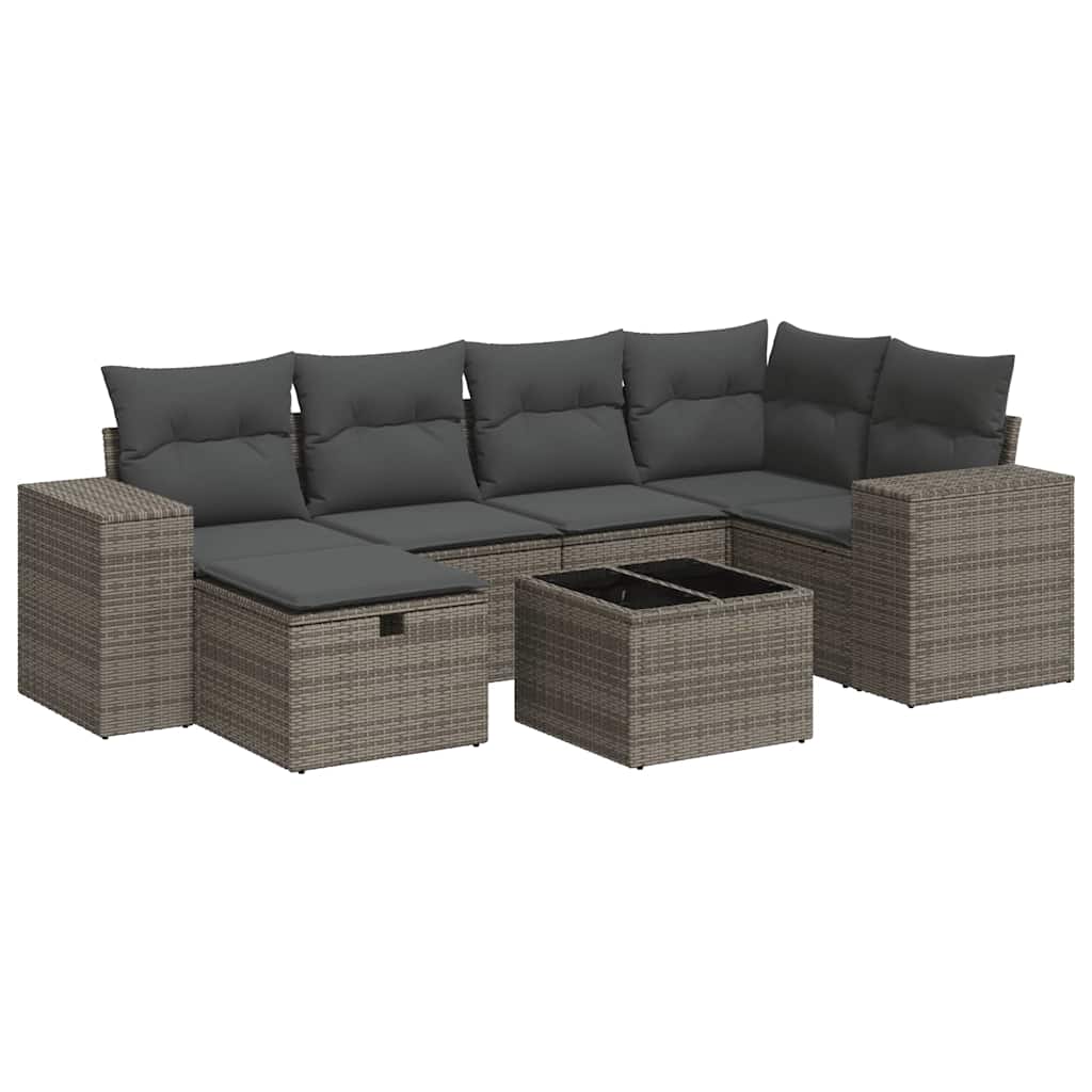 7-delige Loungeset met kussens poly rattan grijs