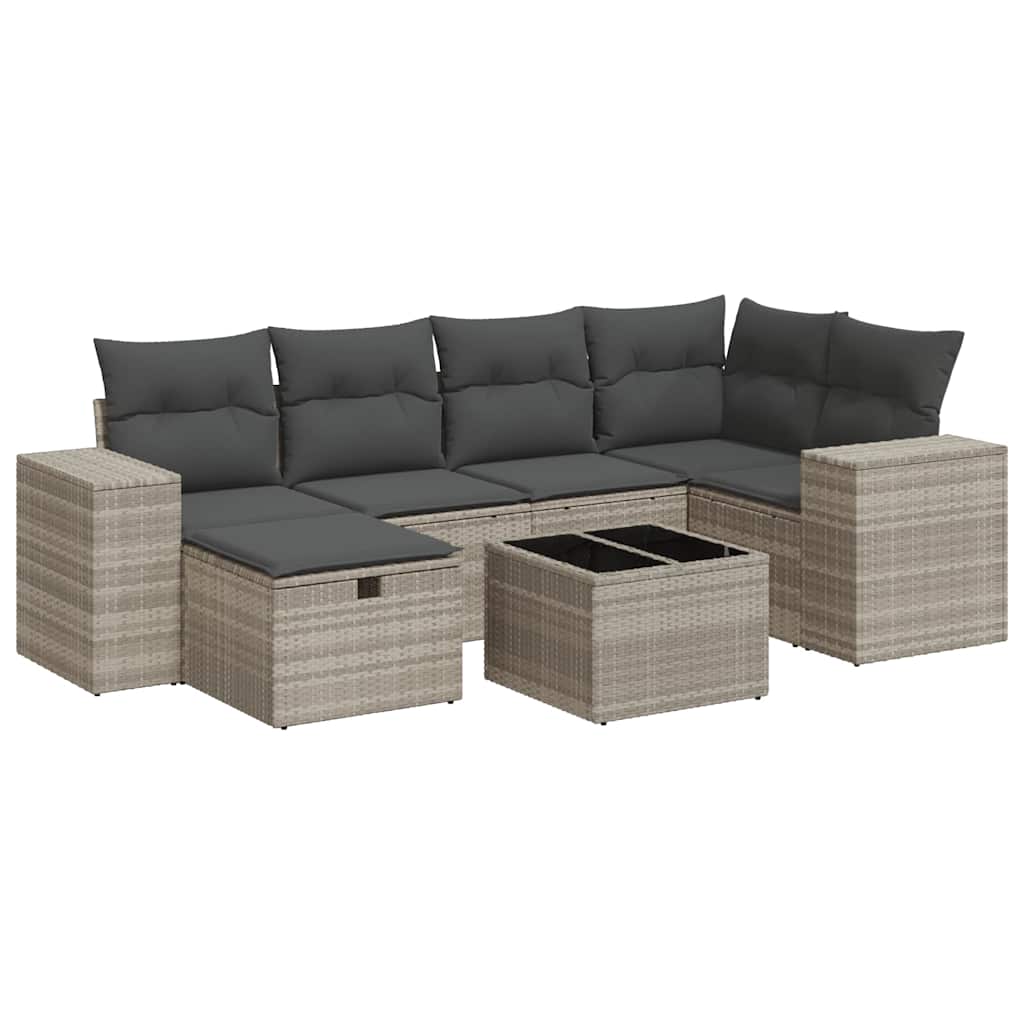 7-delige Loungeset met kussens poly rattan lichtgrijs