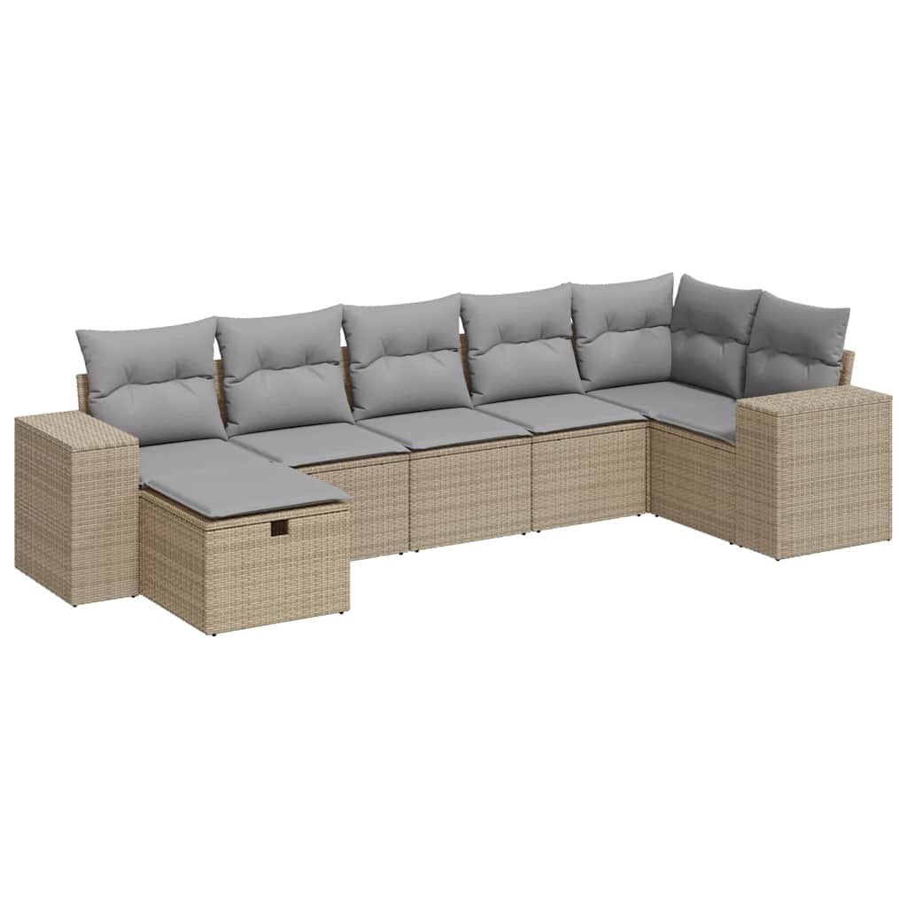 7-delige Loungeset met kussens poly rattan beige