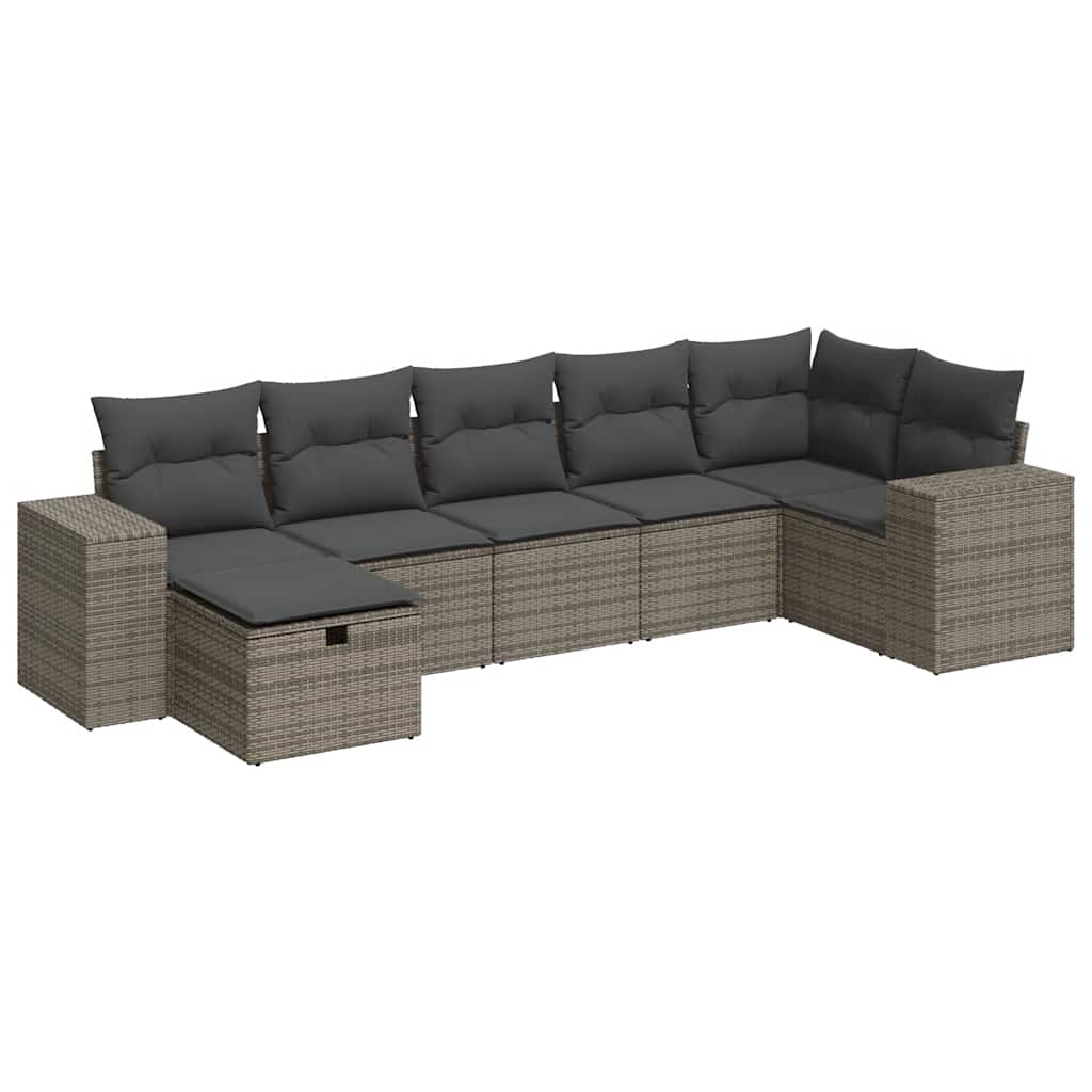 7-delige Loungeset met kussens poly rattan grijs