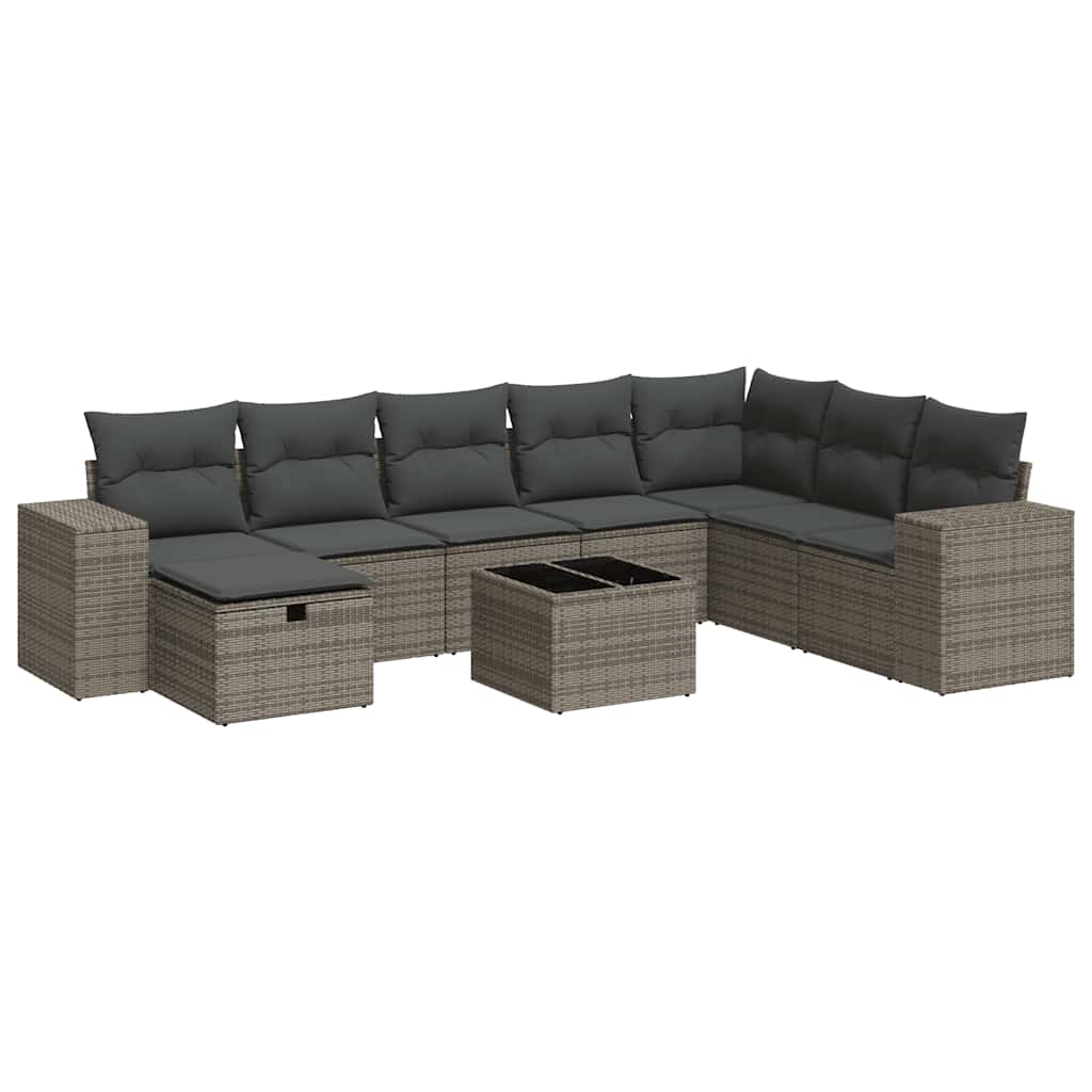 9-delige Loungeset met kussens poly rattan grijs