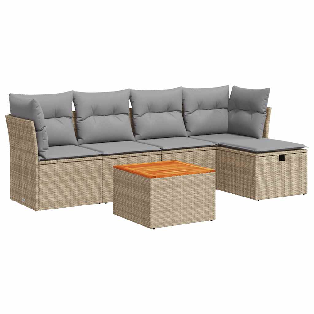 6-delige Loungeset met kussens poly rattan beige