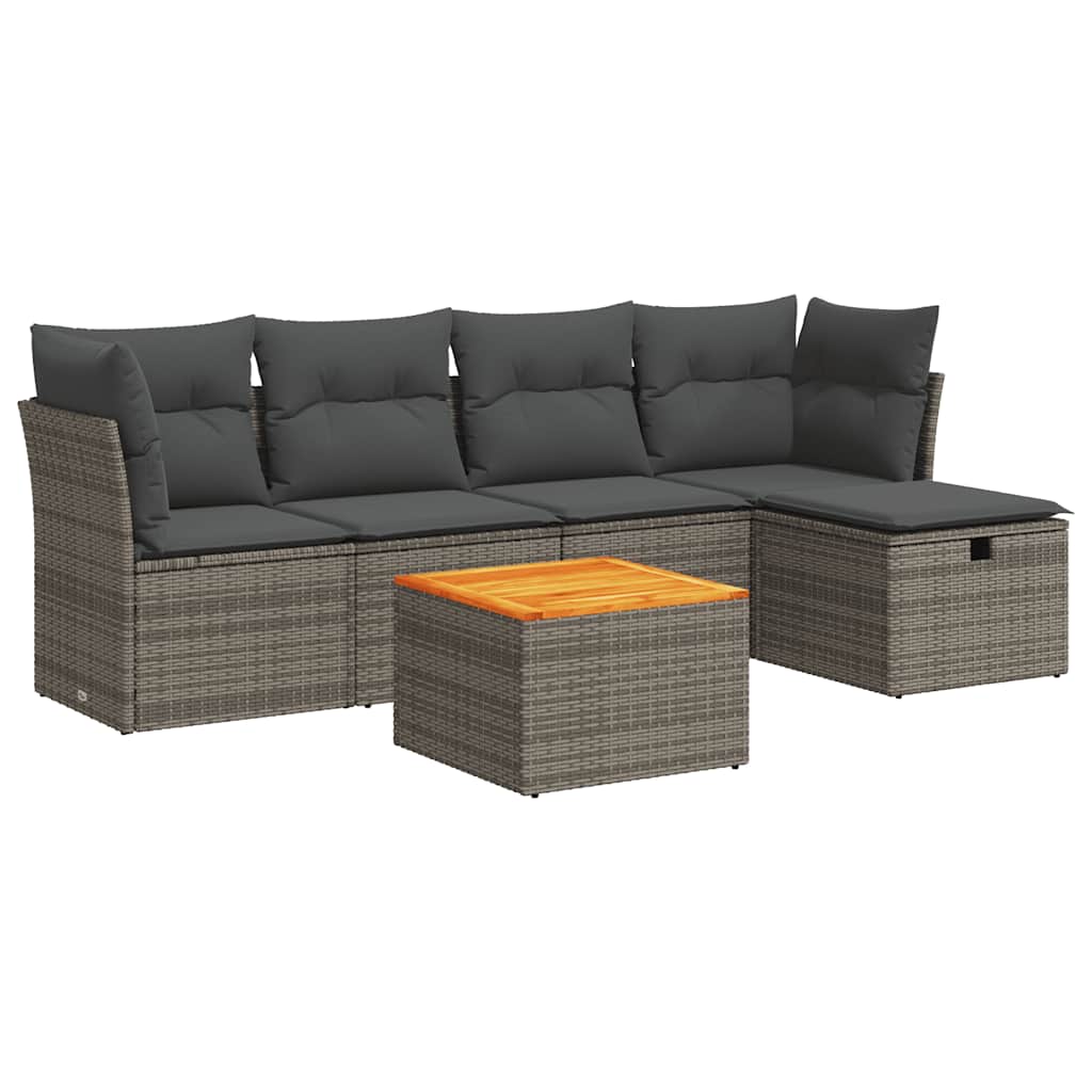 6-delige Loungeset met kussens poly rattan grijs