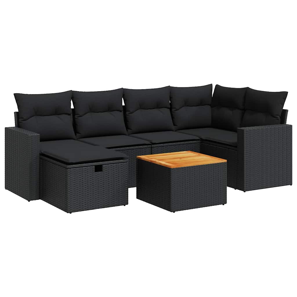 7-delige Loungeset met kussens poly rattan zwart