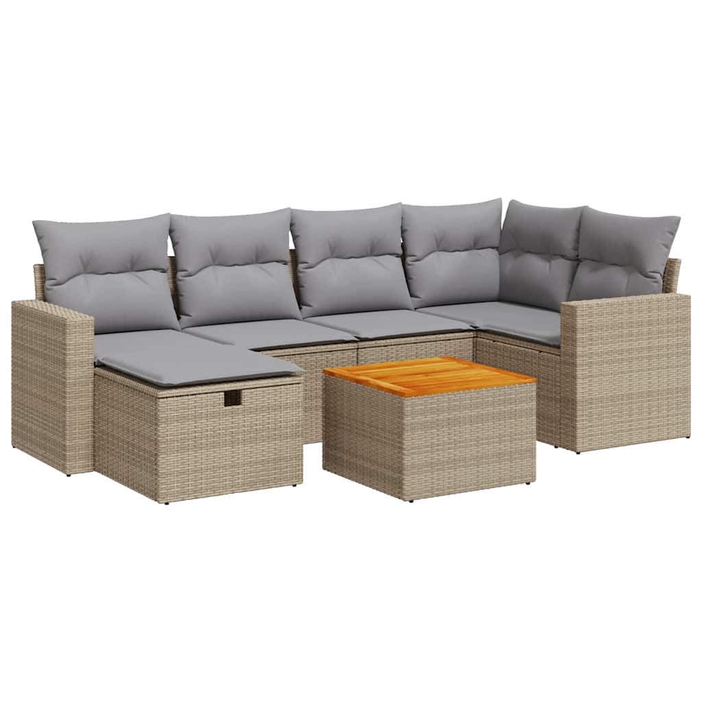 7-delige Loungeset met kussens poly rattan beige