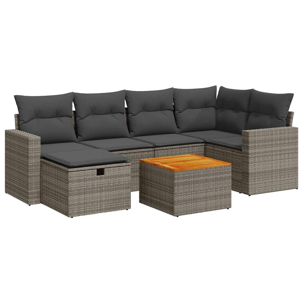 7-delige Loungeset met kussens poly rattan grijs