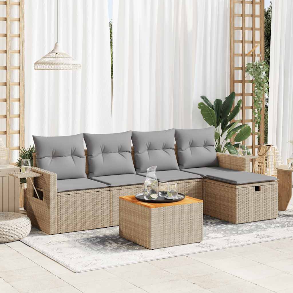 6-delige Loungeset met kussens poly rattan beige