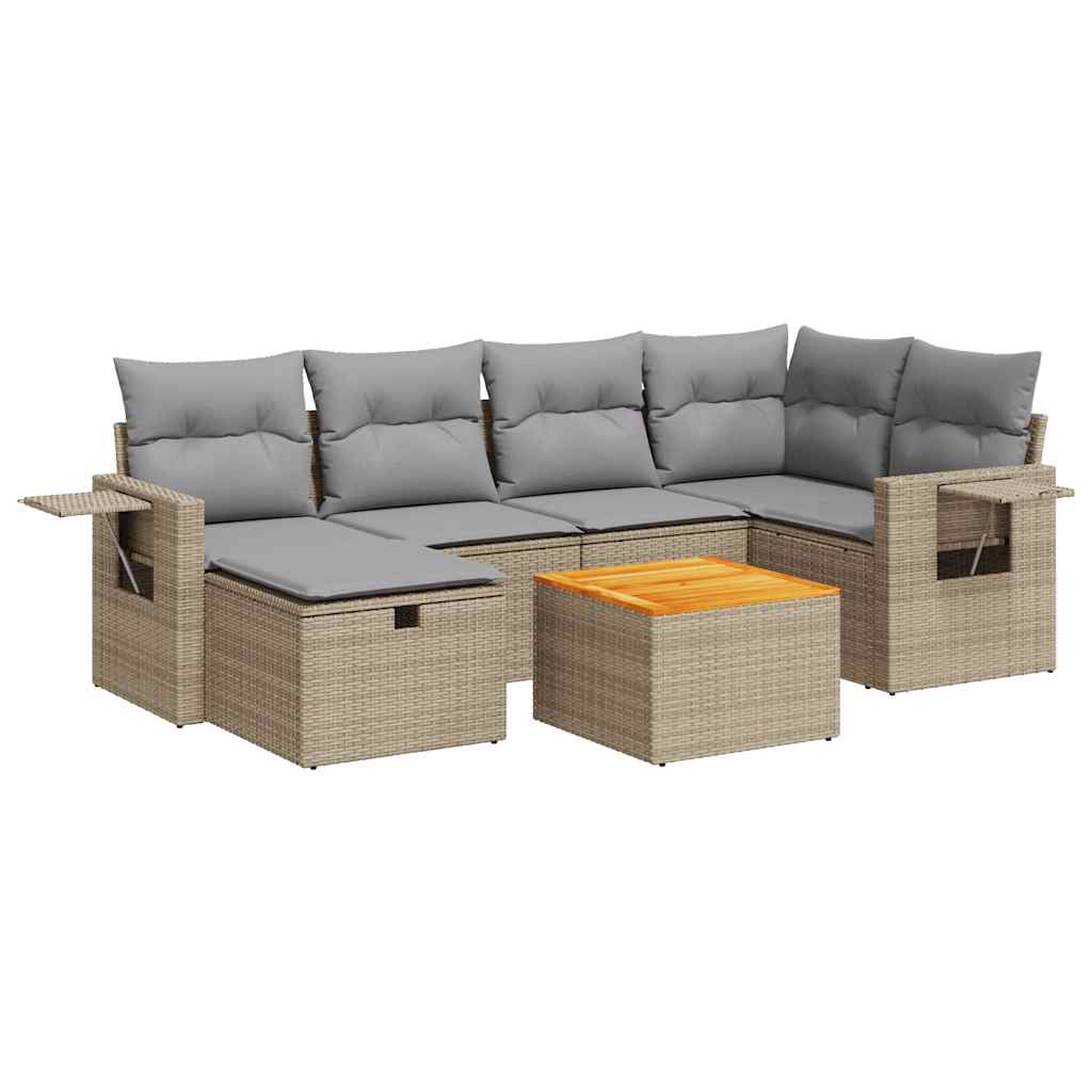 7-delige Loungeset met kussens poly rattan beige