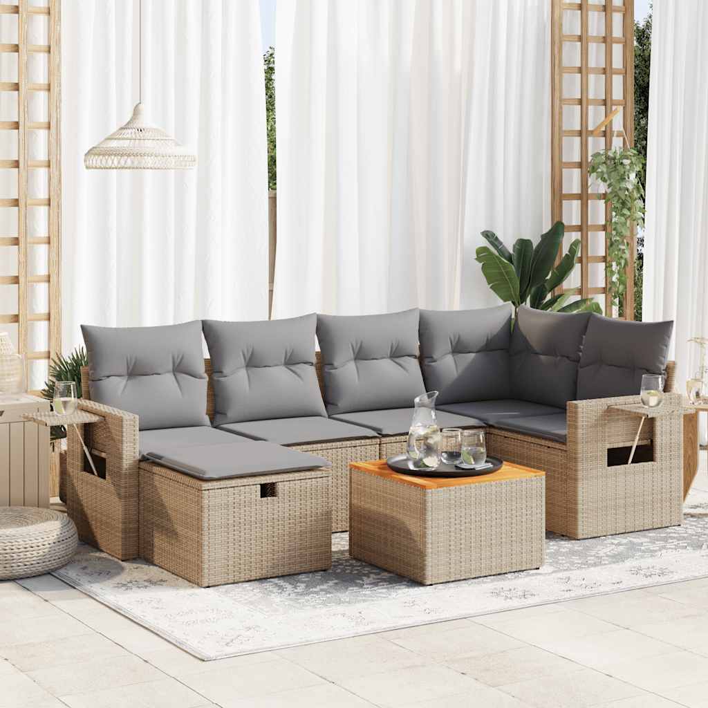7-delige Loungeset met kussens poly rattan beige