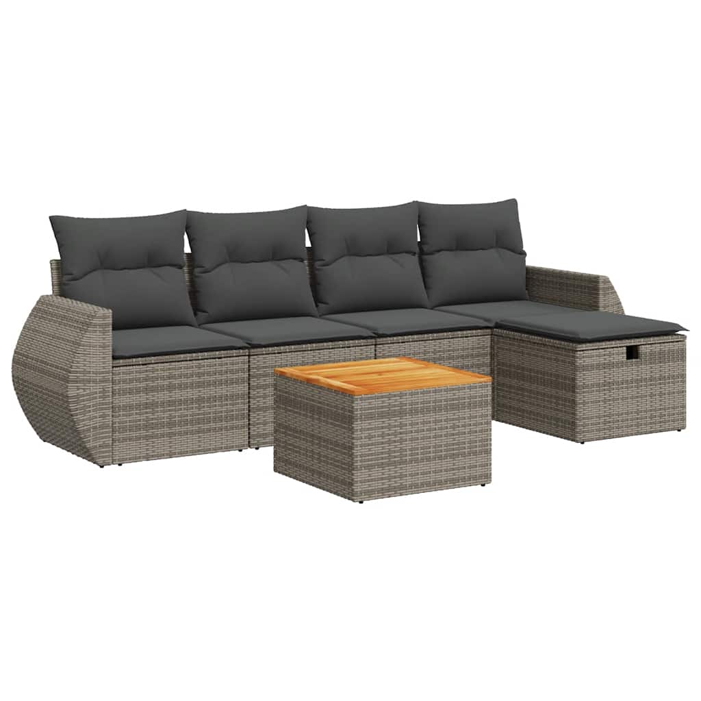 6-delige Loungeset met kussens poly rattan grijs