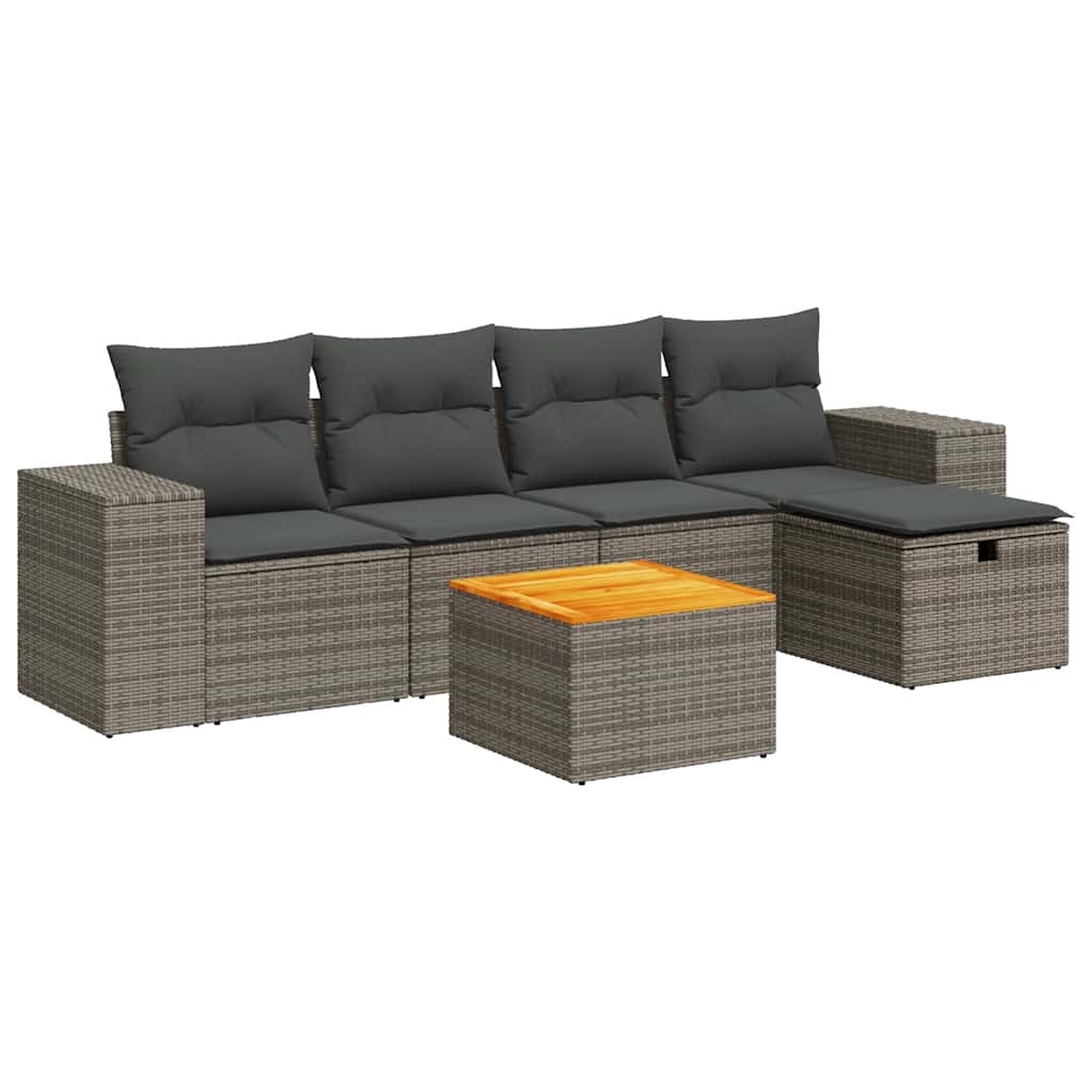 6-delige Loungeset met kussens poly rattan grijs
