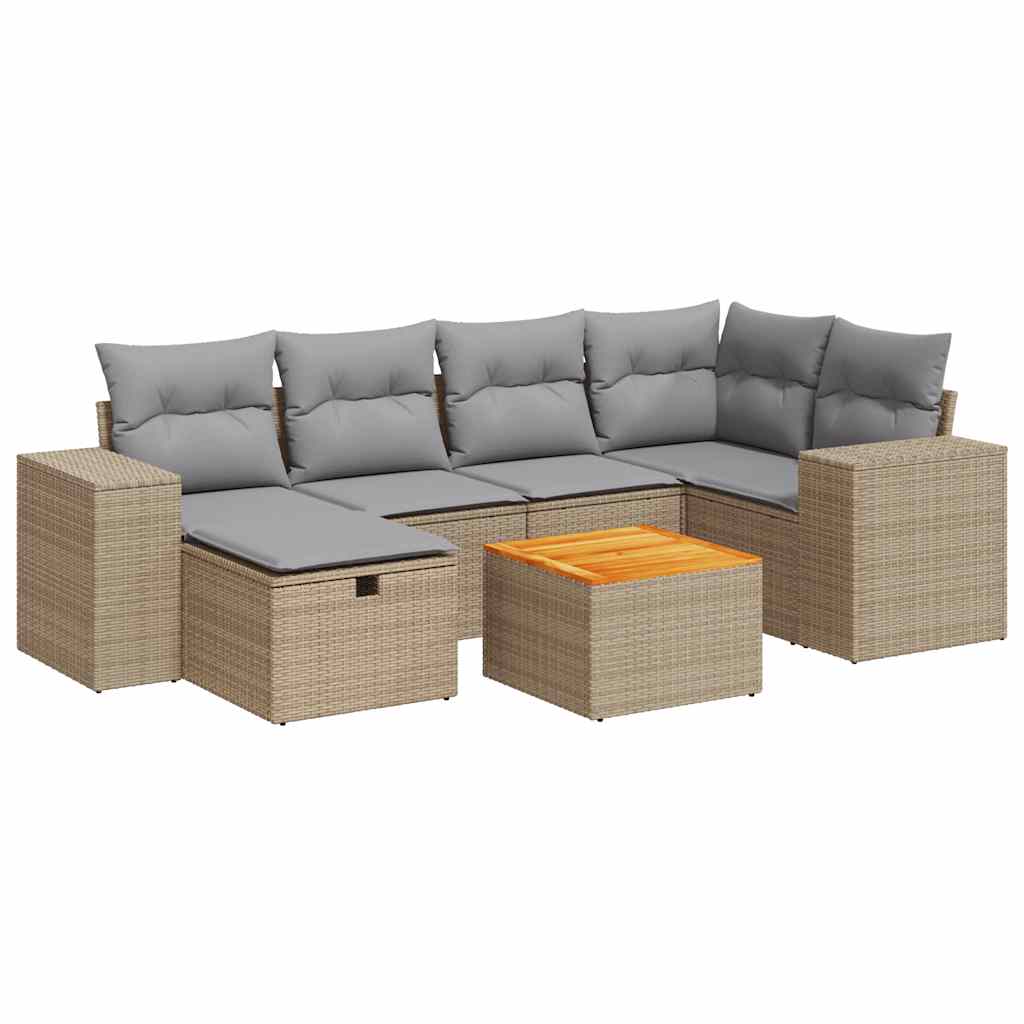 7-delige Loungeset met kussens poly rattan beige