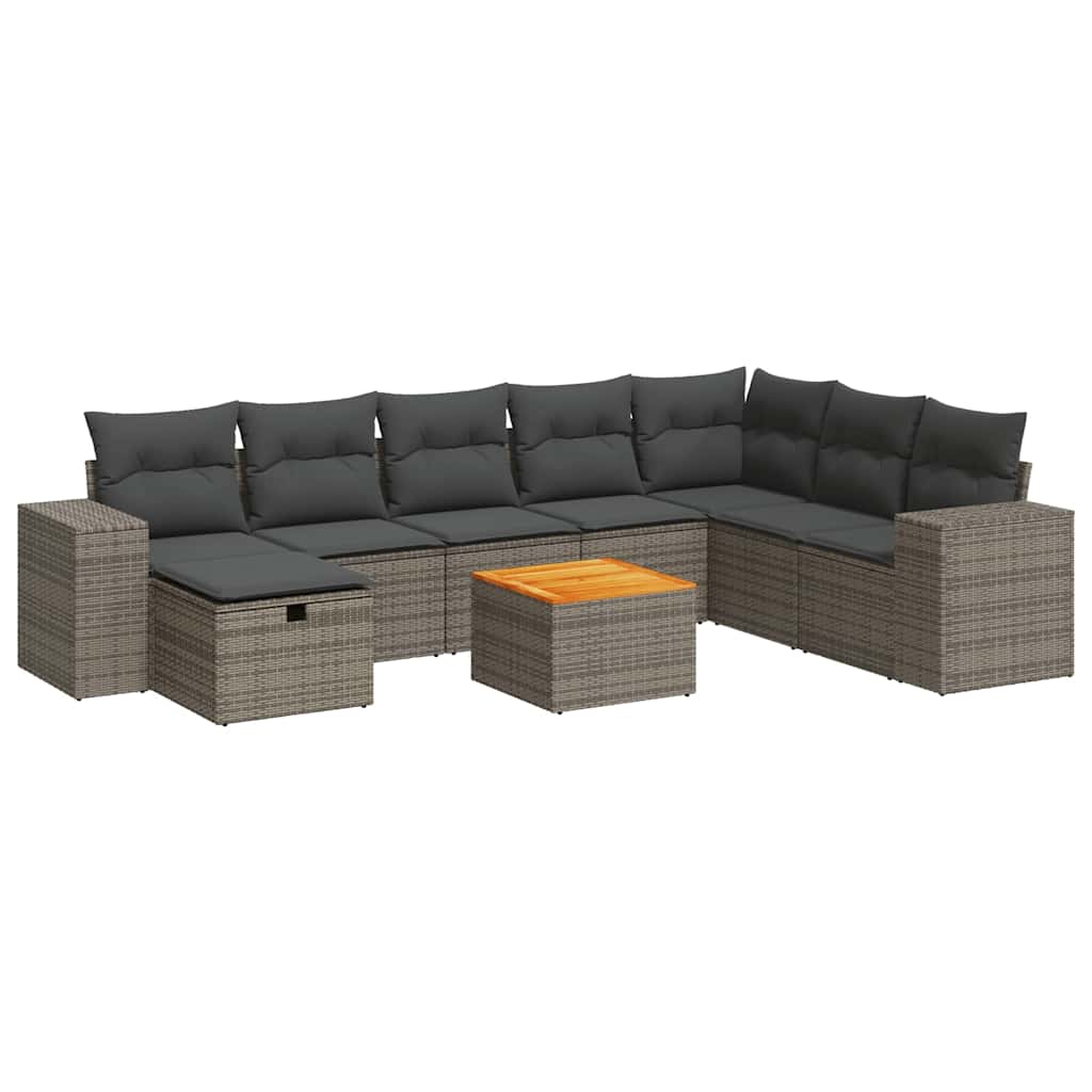 9-delige Loungeset met kussens poly rattan grijs