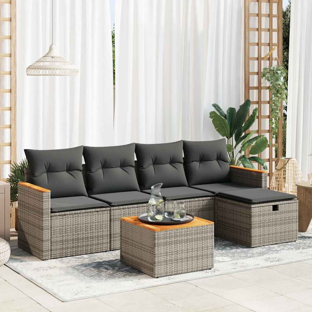 6-delige Loungeset met kussens poly rattan grijs