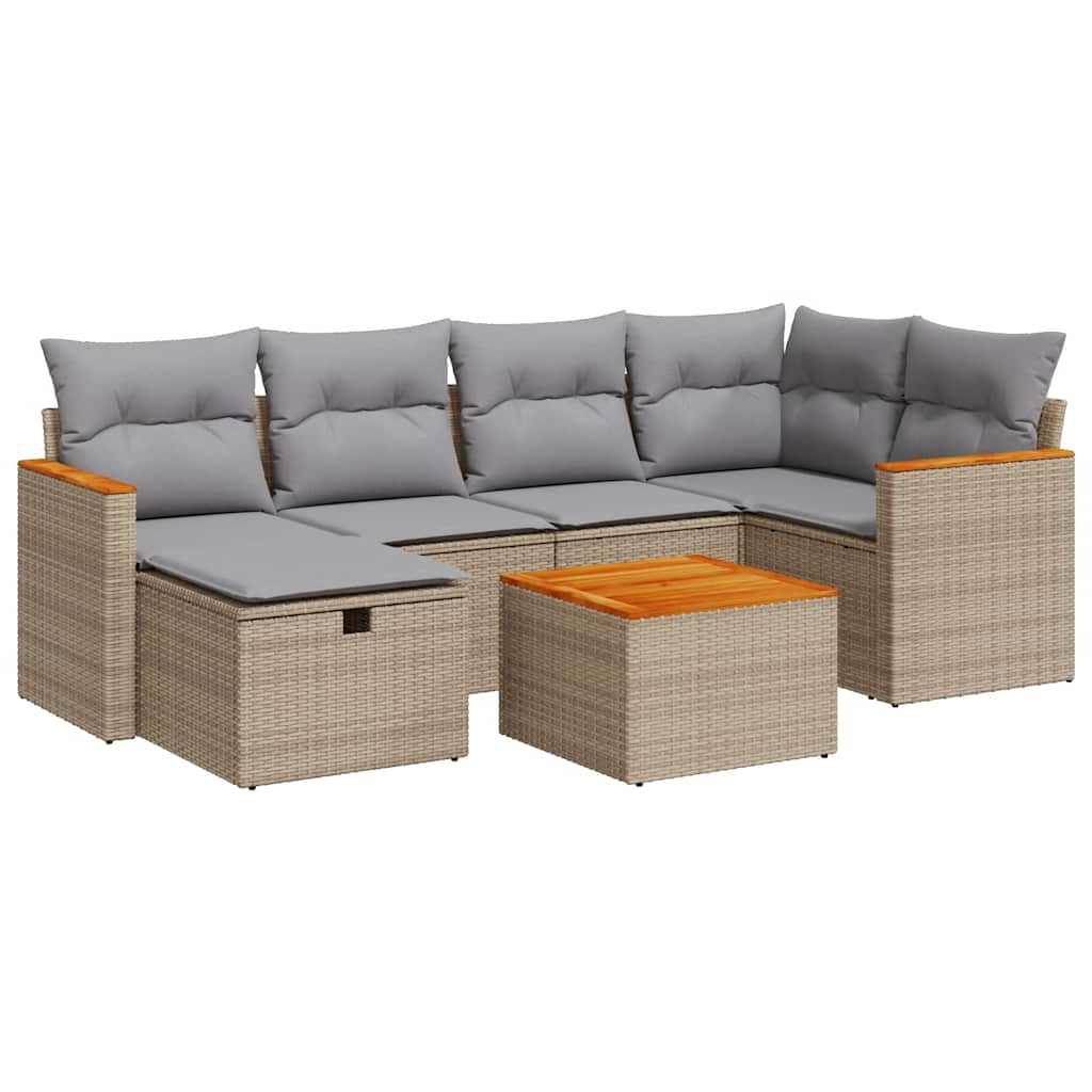 7-delige Loungeset met kussens poly rattan beige