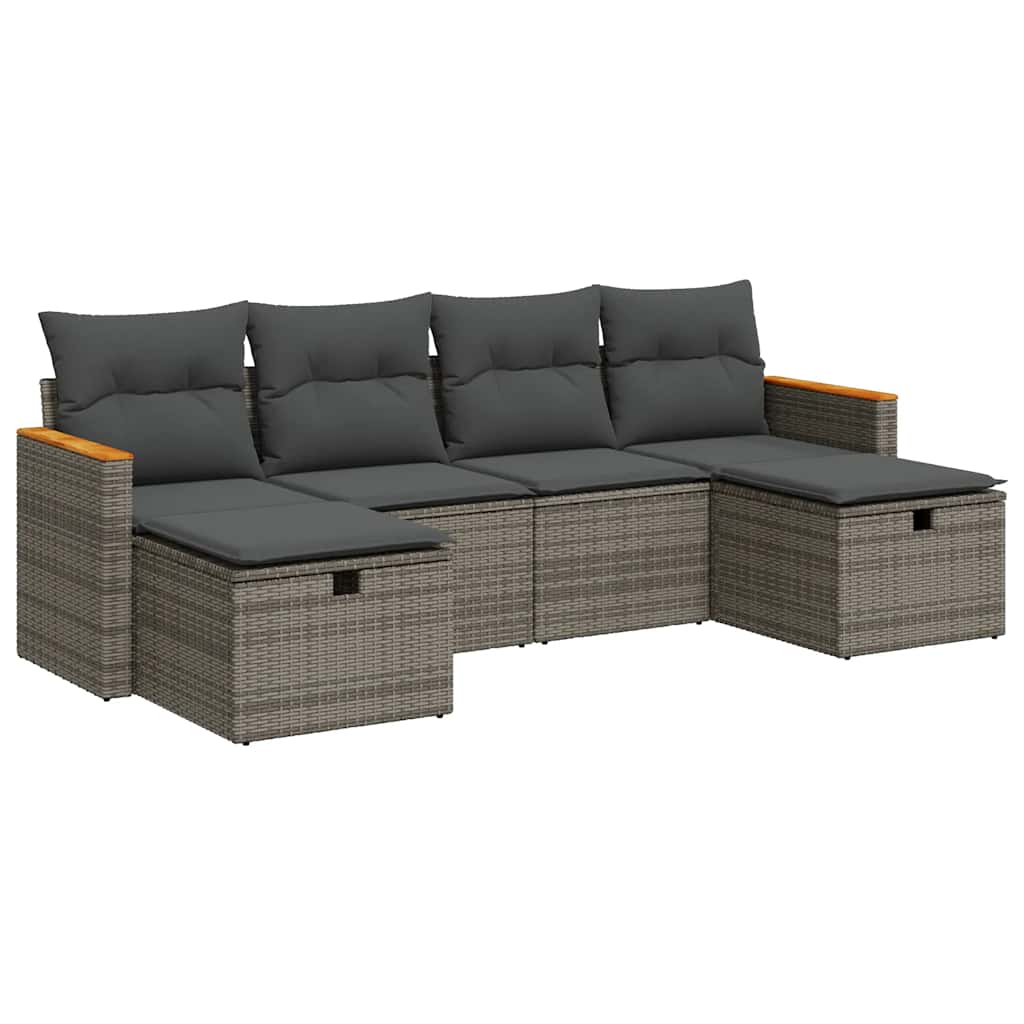 6-delige Loungeset met kussens poly rattan grijs