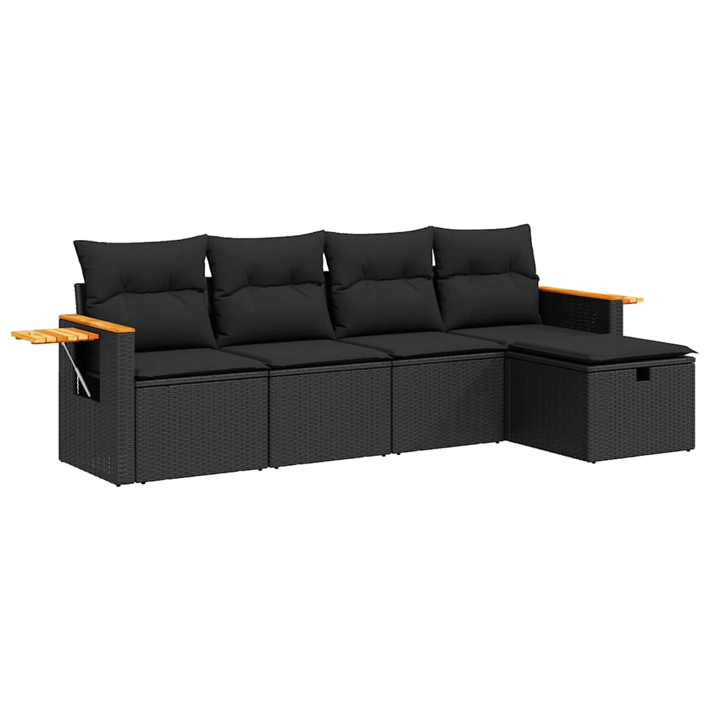 5-delige Loungeset met kussens poly rattan zwart