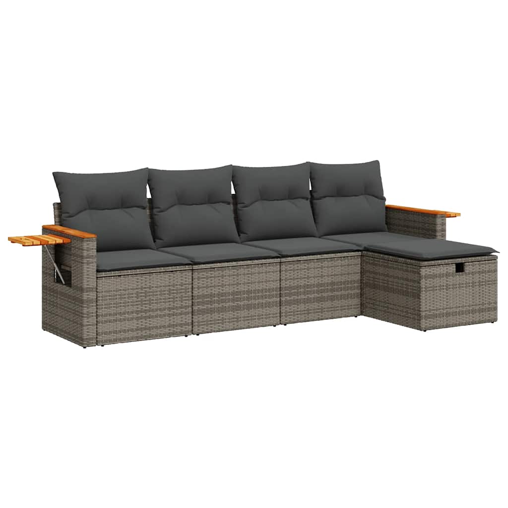 5-delige Loungeset met kussens poly rattan grijs