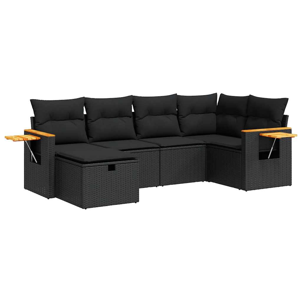 6-delige Loungeset met kussens poly rattan zwart