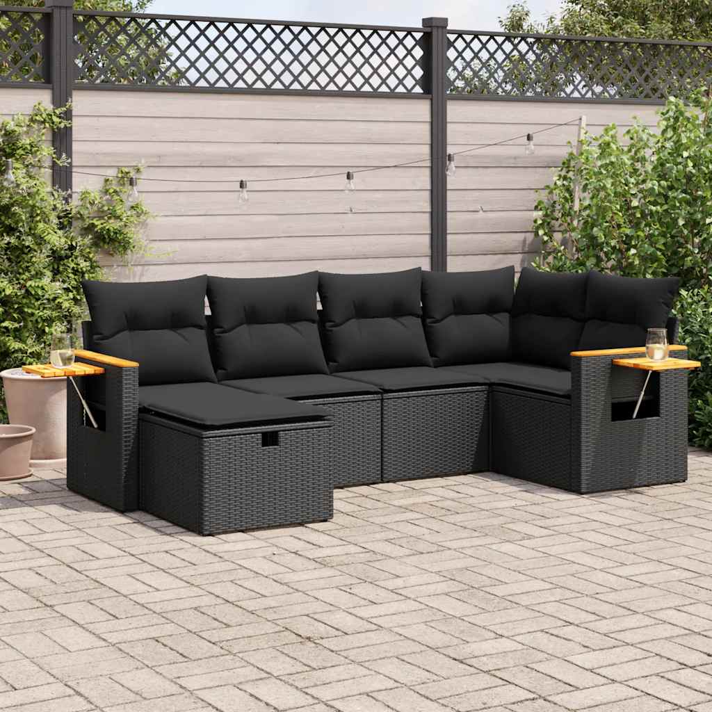 6-delige Loungeset met kussens poly rattan zwart