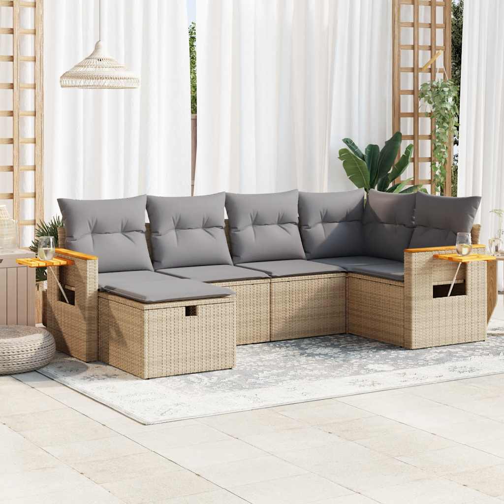 6-delige Loungeset met kussens poly rattan beige