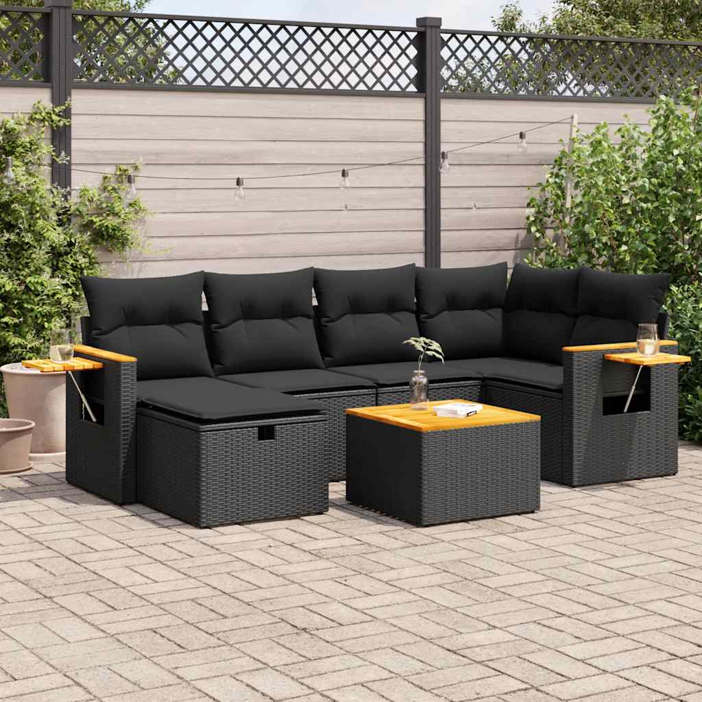 7-delige Loungeset met kussens poly rattan zwart