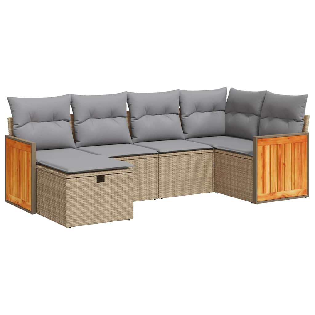 6-delige Loungeset met kussens poly rattan beige