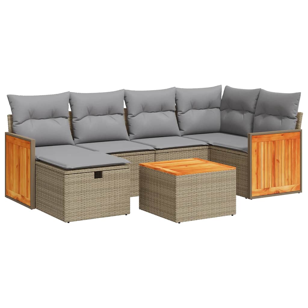 7-delige Loungeset met kussens poly rattan beige