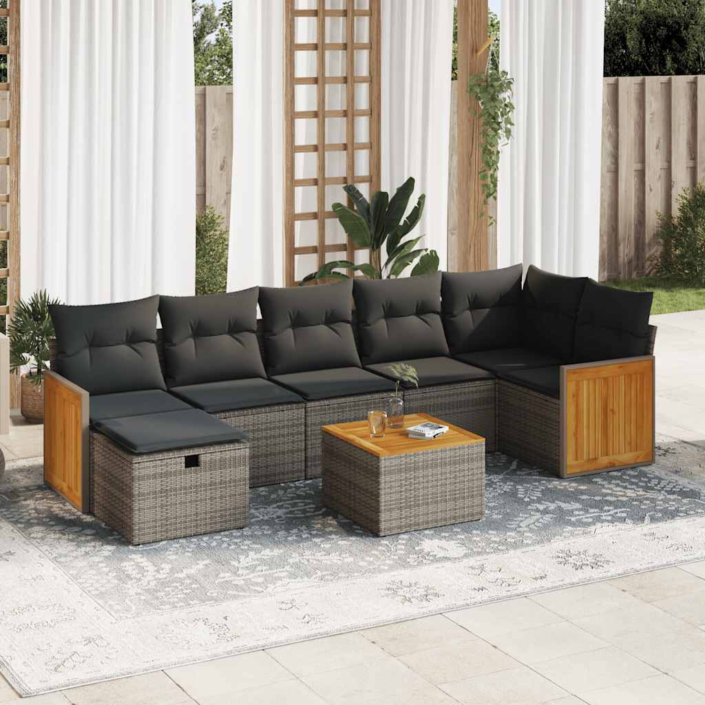 8-delige Loungeset met kussens poly rattan grijs