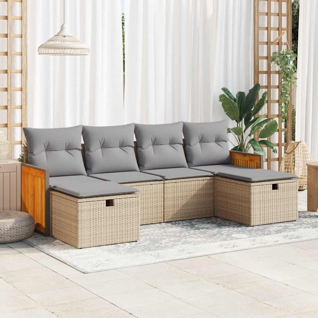 6-delige Loungeset met kussens poly rattan beige