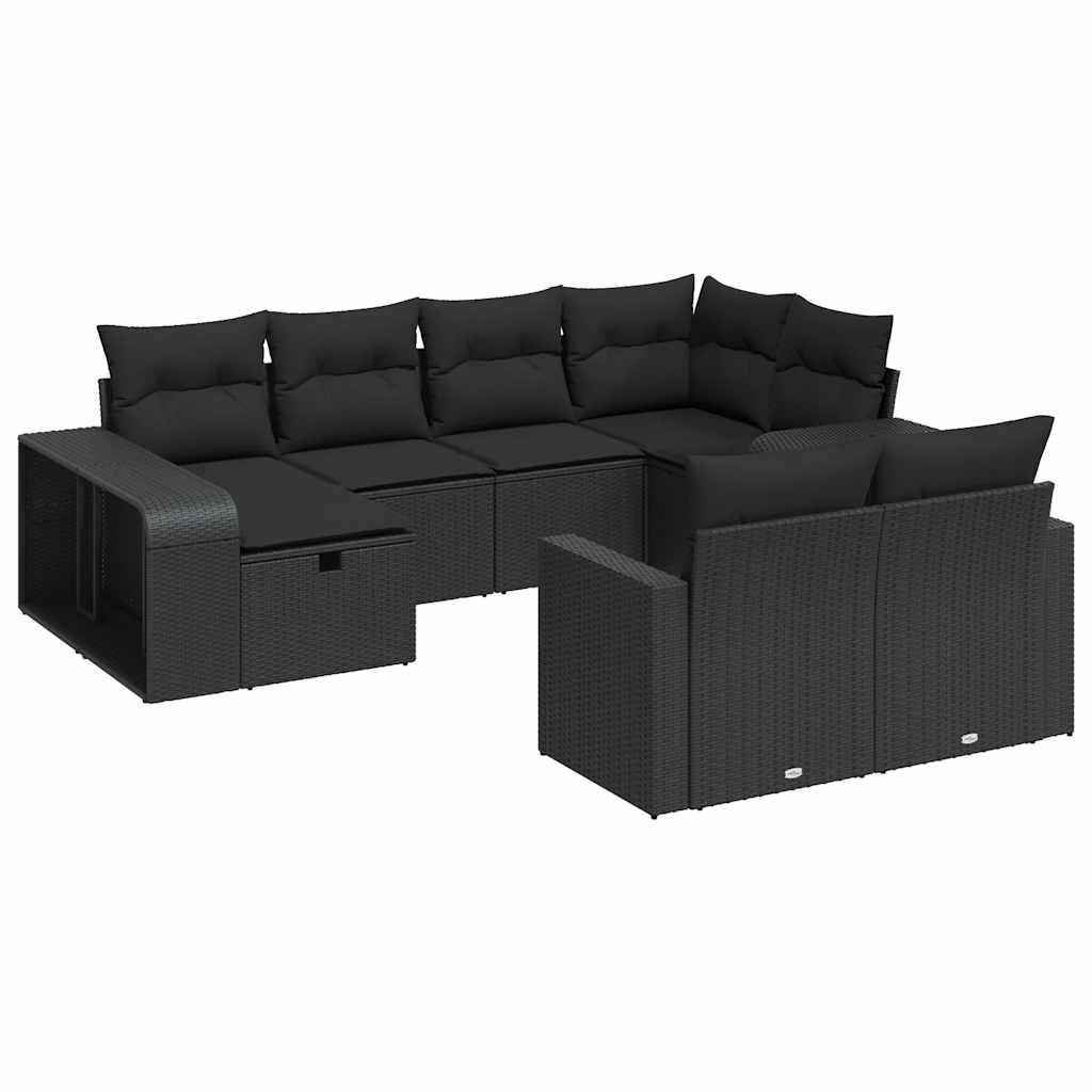 10-delige Loungeset met kussens poly rattan zwart