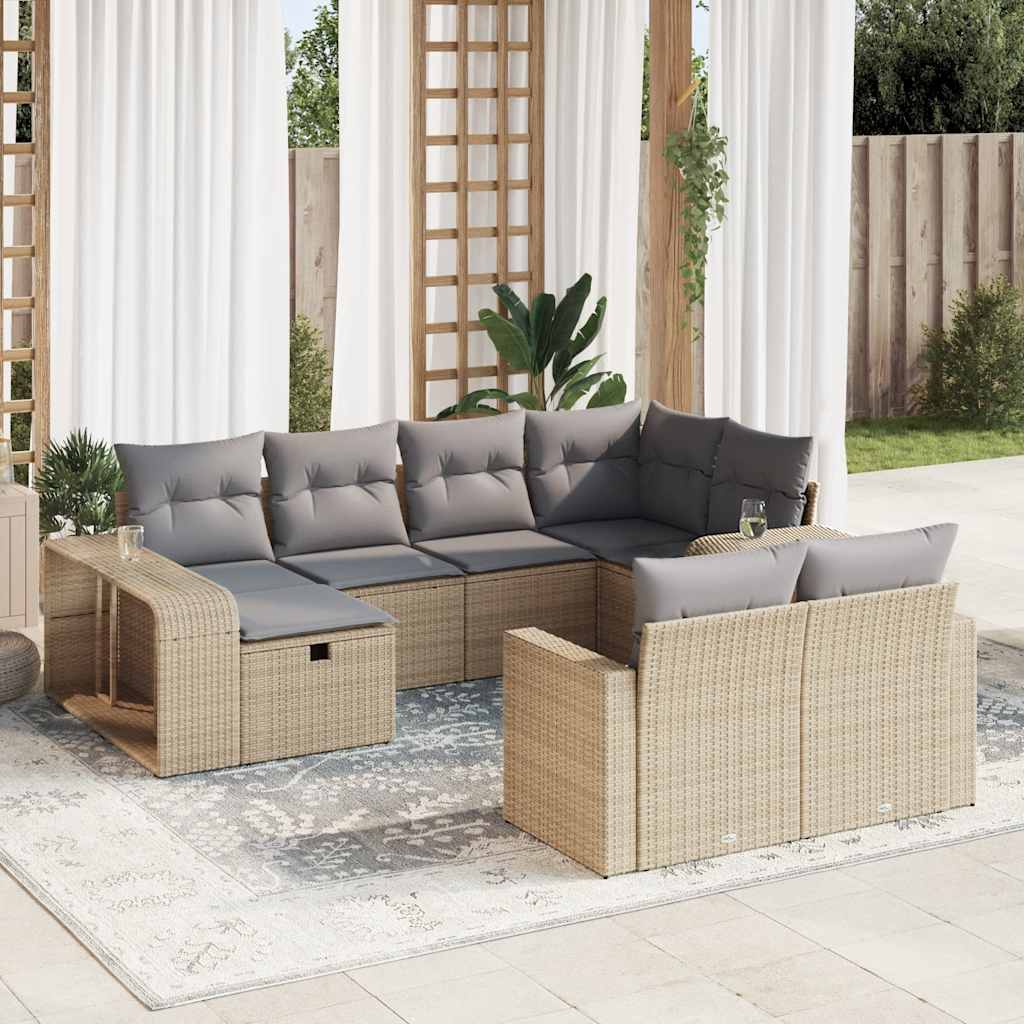 10-delige Loungeset met kussens poly rattan beige