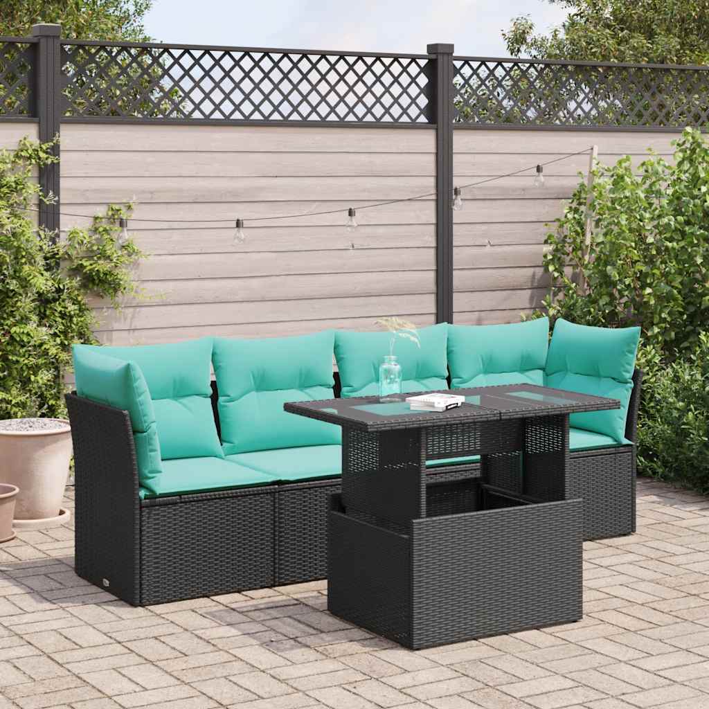5-delige Loungeset met kussens poly rattan acacia zwart is nu te koop bij PeponiXL, paradijselijk wonen!
