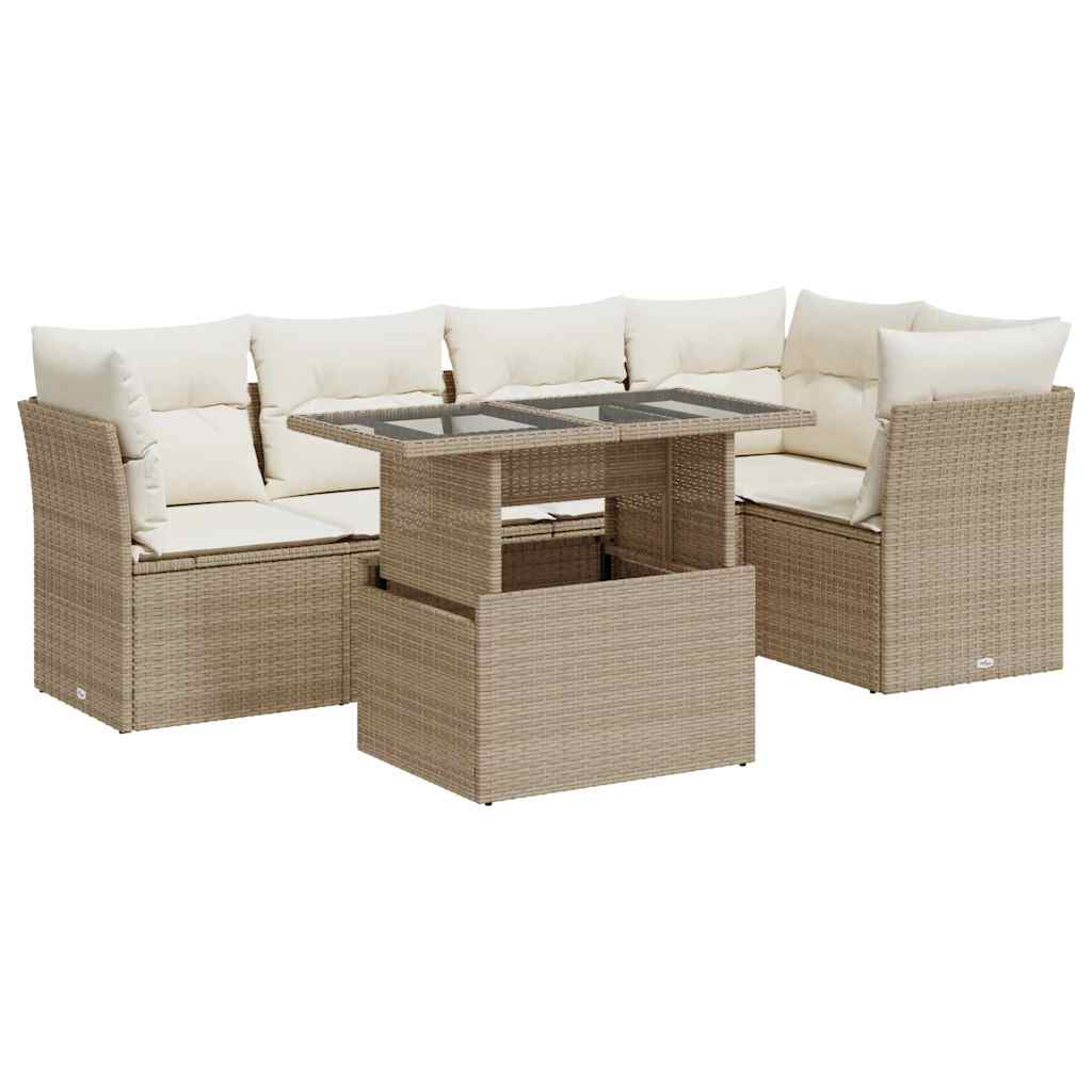 6-delige Loungeset met kussens poly rattan beige