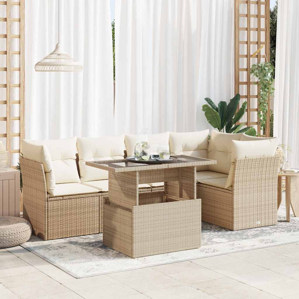 6-delige Loungeset met kussens poly rattan beige