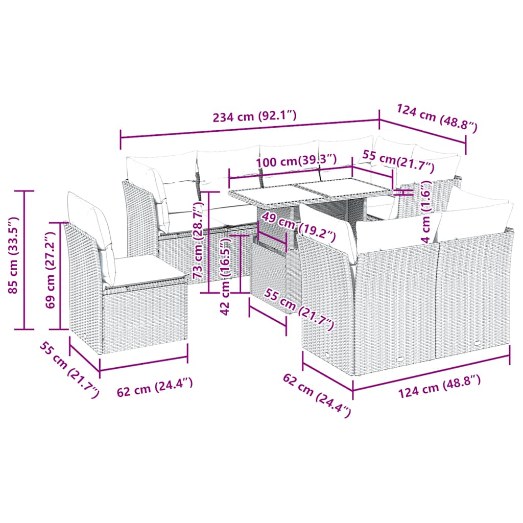 9-delige Loungeset met kussens poly rattan acacia grijs is nu te koop bij PeponiXL, paradijselijk wonen!