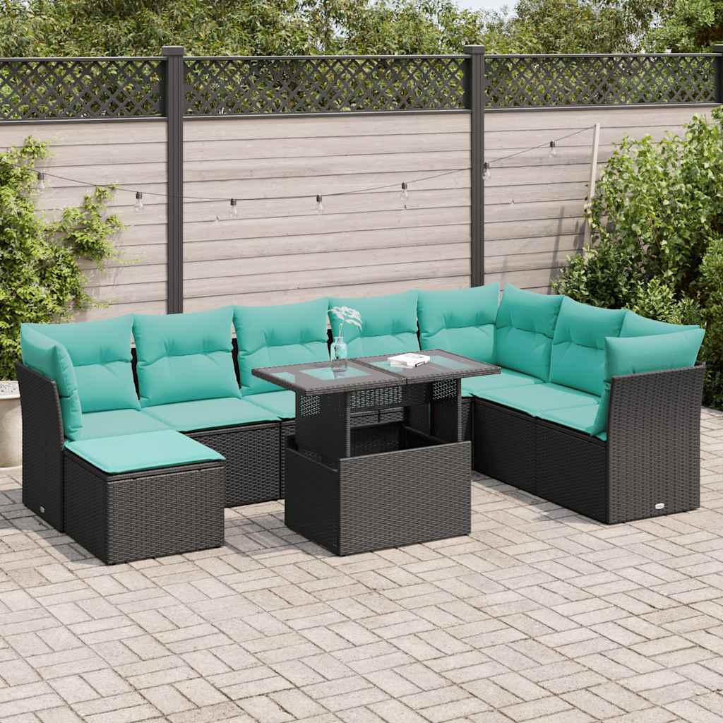 9-delige Loungeset met kussens poly rattan acacia zwart is nu te koop bij PeponiXL, paradijselijk wonen!