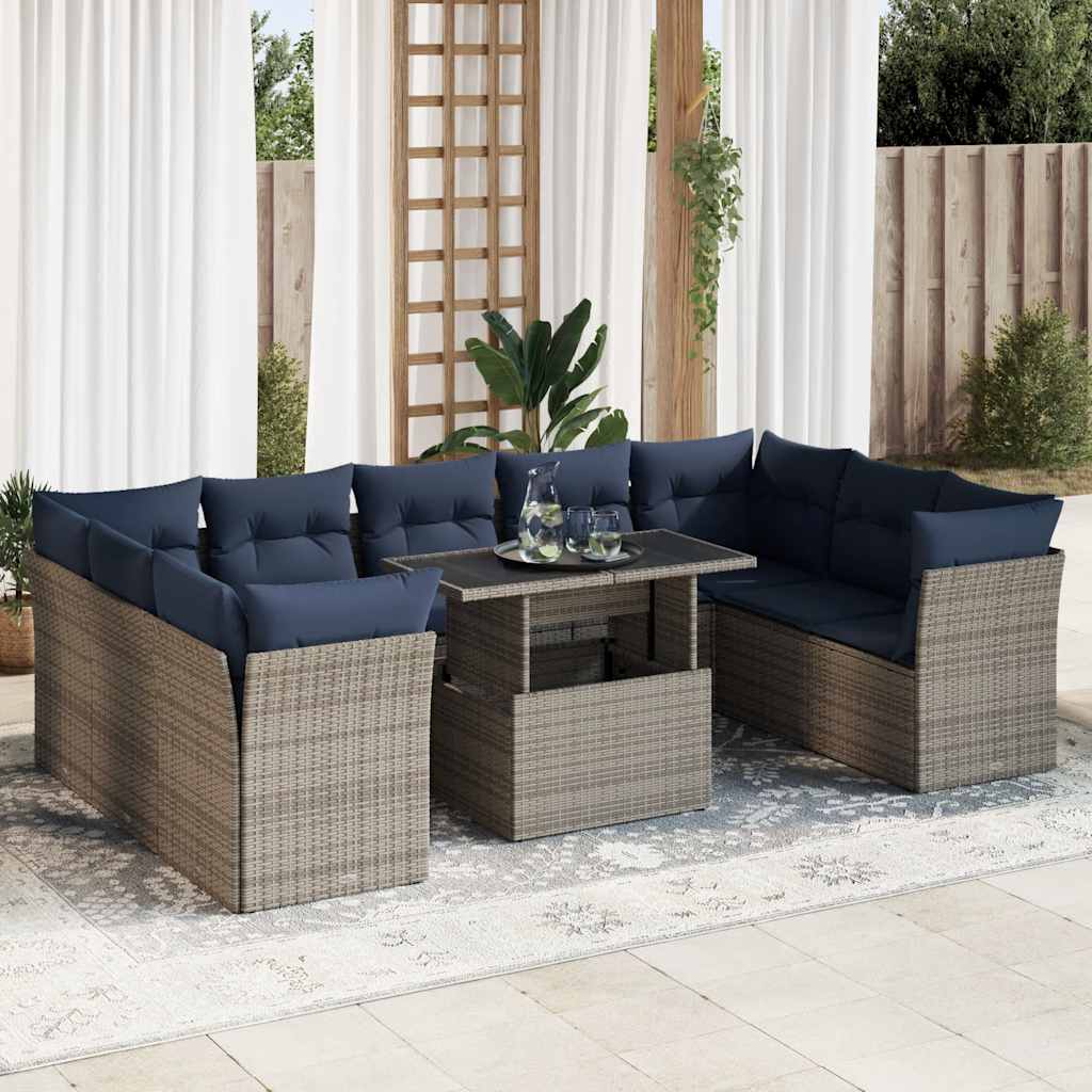 10-delige Loungeset met kussens poly rattan acacia grijs is nu te koop bij PeponiXL, paradijselijk wonen!