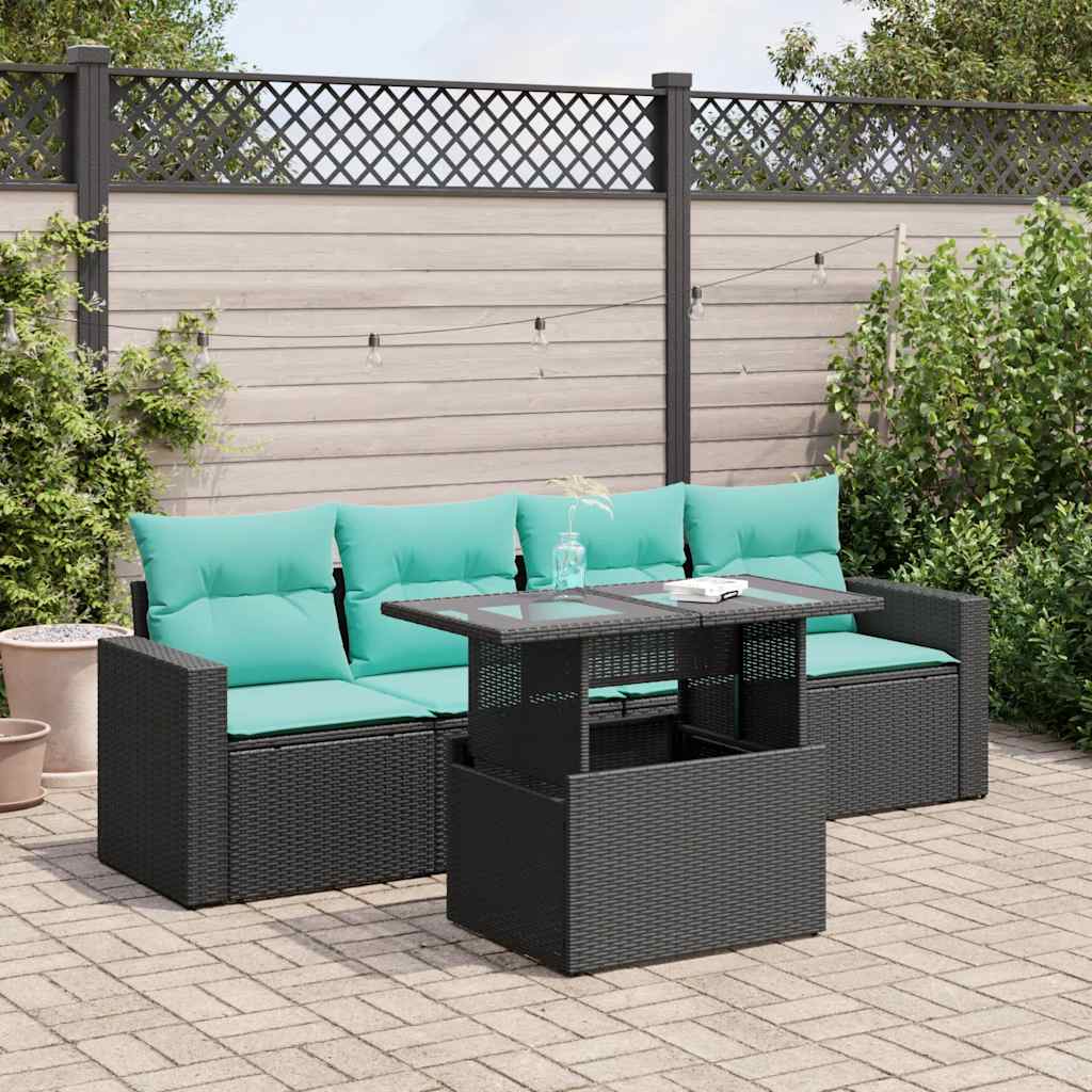 5-delige Loungeset met kussens poly rattan acacia zwart is nu te koop bij PeponiXL, paradijselijk wonen!