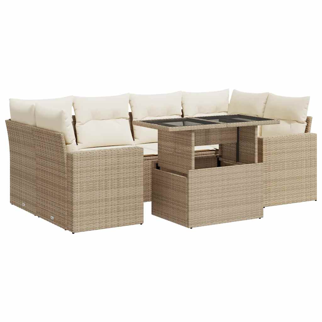 7-delige Loungeset met kussens poly rattan beige