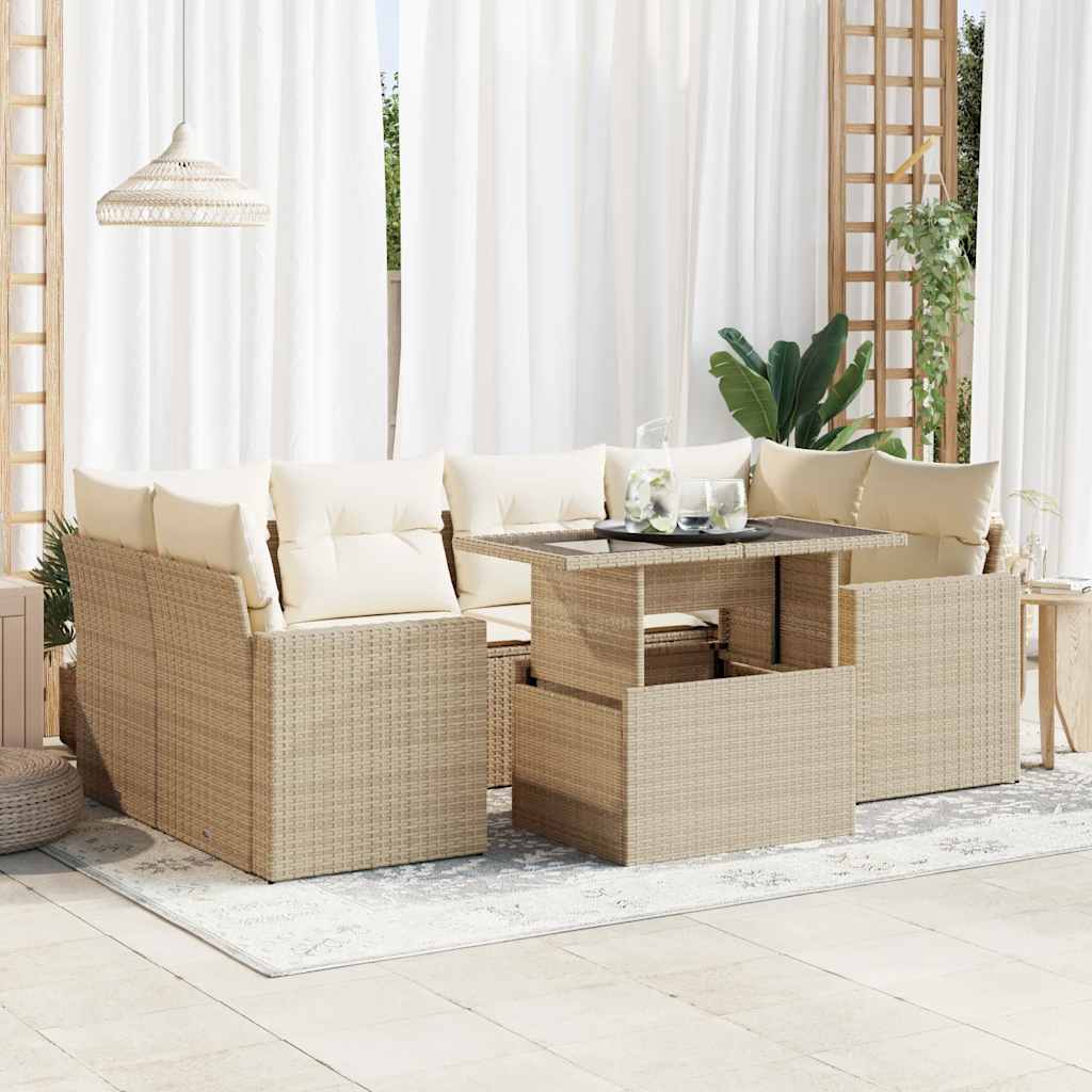 7-delige Loungeset met kussens poly rattan beige