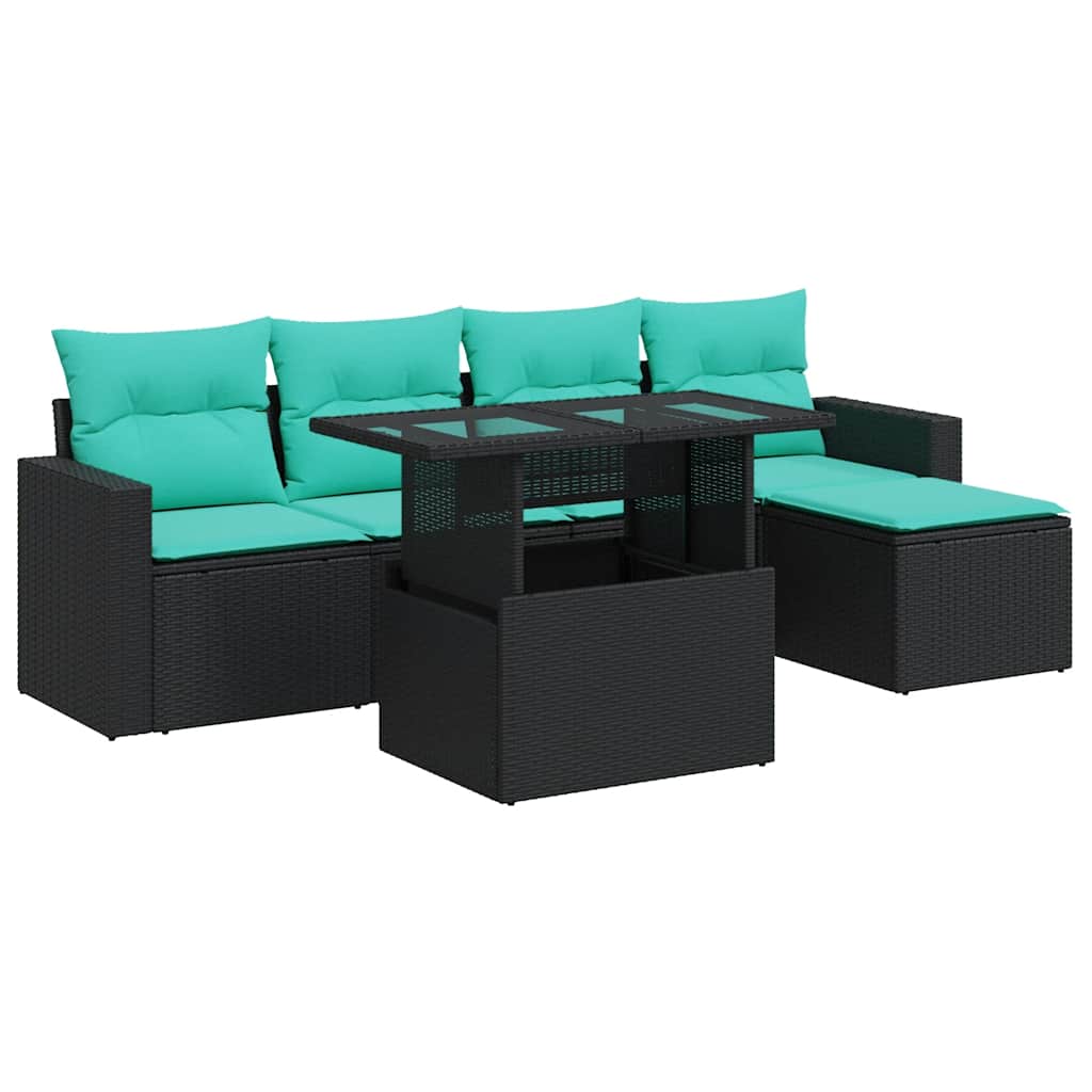 6-delige Loungeset met kussens poly rattan acacia zwart