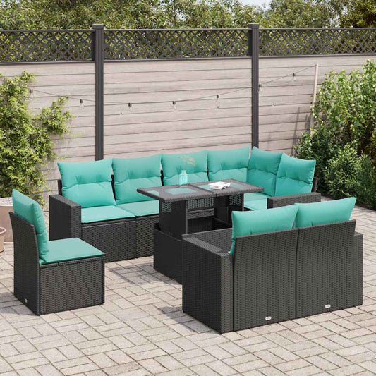 9-delige Loungeset met kussens poly rattan acacia zwart is nu te koop bij PeponiXL, paradijselijk wonen!