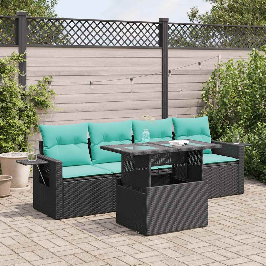 5-delige Loungeset met kussens poly rattan acacia zwart is nu te koop bij PeponiXL, paradijselijk wonen!